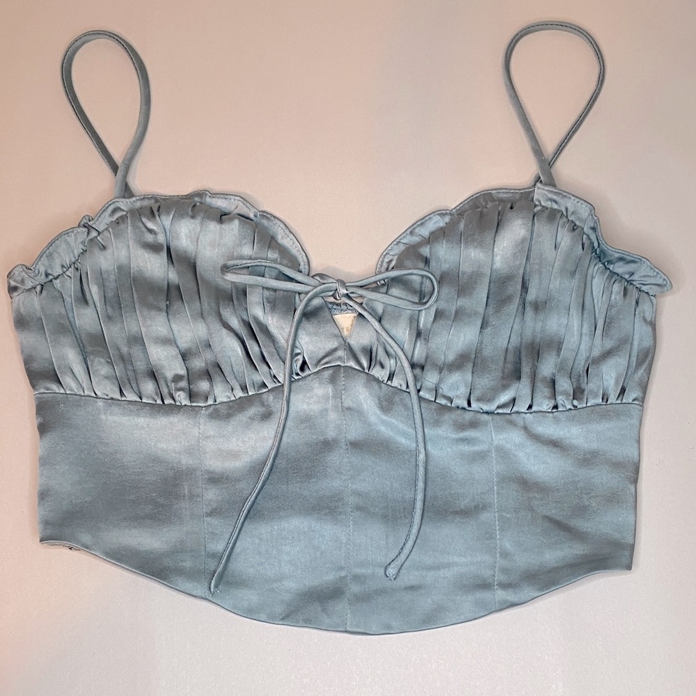 Altar’d State Green Mist Satin Ruffle Trim Bow Detail Corset Crop Top
